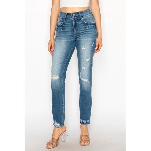 PREJEAN Women's High Waist Stretch Skinny Jeans – Dark Blue Distressed Denim with Ripped Hem