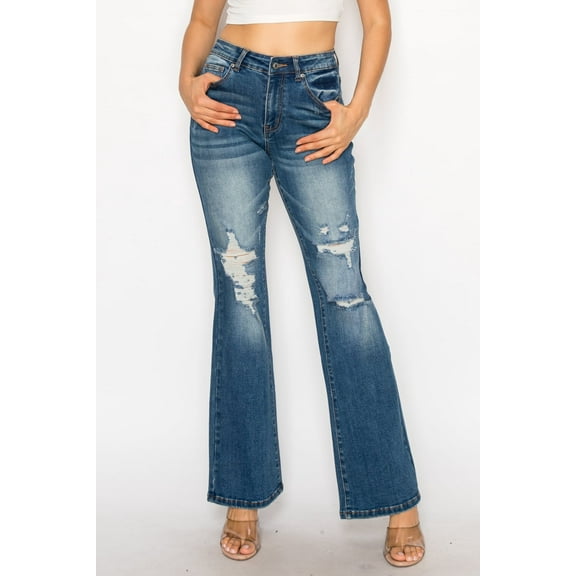 PREJEAN Women's Ripped Flare Jeans – High Waist Stretch Denim Mid Blue Casual Size 1-15