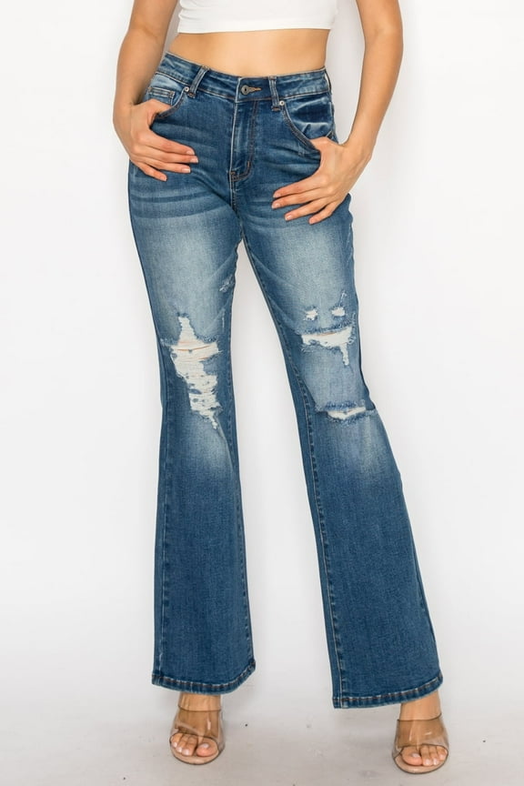 Women's Ripped Flare Jeans – High Waist Stretch Denim Mid Blue Casual Size 1-15