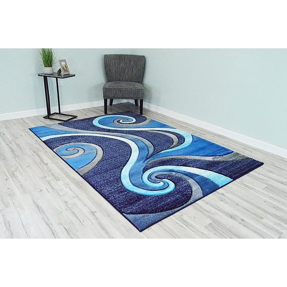 PREMIUM 3D Effect Hand Carved Thick Modern Contemporary Abstract Area Rug Design 327 Ocean Blue 5'3''x7'6''