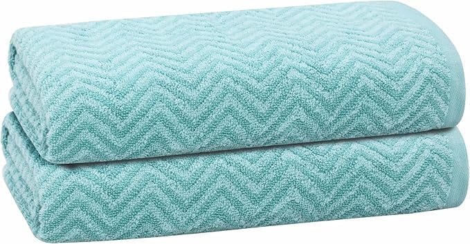 PREMIUS 2 Pack Chevron 100% Cotton Yarn Dyed Bath Towel, Aqua-Cyan, 27x54 Inches