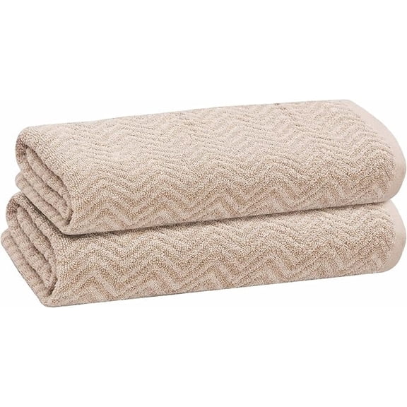 PREMIUS 2 Pack Chevron 100% Cotton Yarn Dyed Bath Towel, Oatmeal, 27x54 Inches