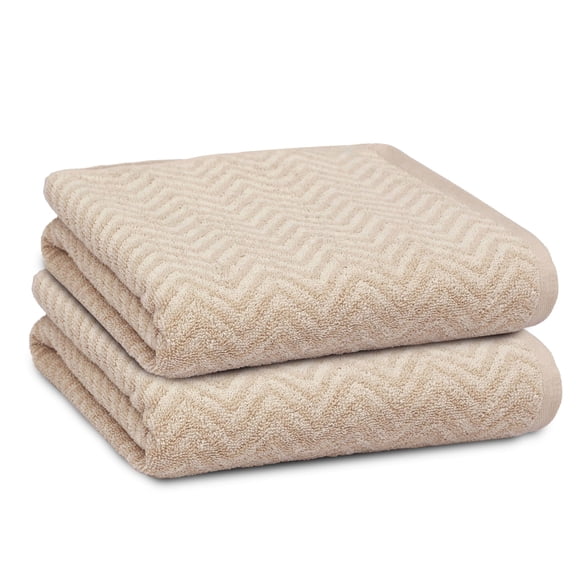 PREMIUS 2 Pack Chevron 100% Cotton Yarn Dyed Hand Towel, Oatmeal, 16x28 Inches