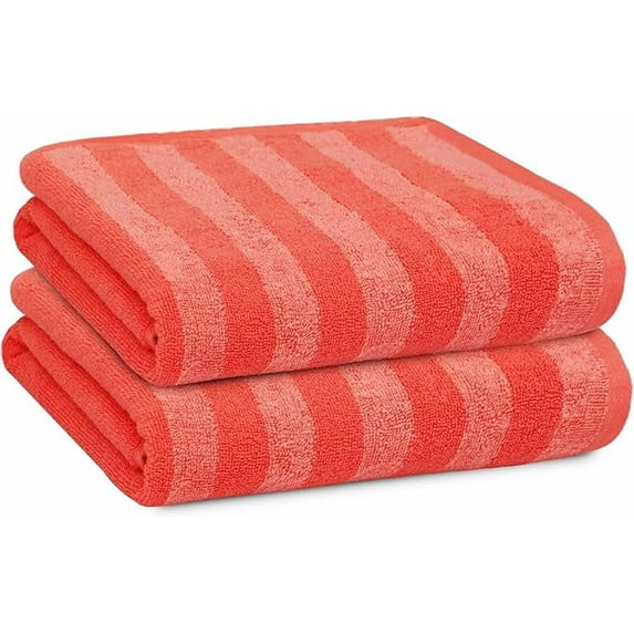 PREMIUS 2 Pack Stripes 100% Cotton Yarn Dyed Hand Towel, Coral, 16x28 Inches