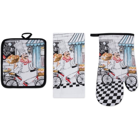 PREMIUS 3 Piece Printed Kitchen Linen Set, Baking Chef, 1 Cotton Towel, 1 Pot Holder, 1 Oven Mitt