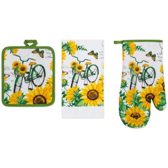 PREMIUS 3 Piece Printed Kitchen Linen Set, Bicycle & Sunflowers, 1 Cotton Towel, 1 Pot Holder, 1 Oven Mitt