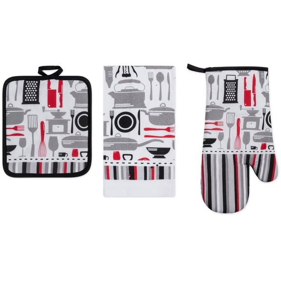 PREMIUS 3 Piece Printed Kitchen Linen Set, Kitchen Tools, 1 Cotton Towel, 1 Pot Holder, 1 Oven Mitt