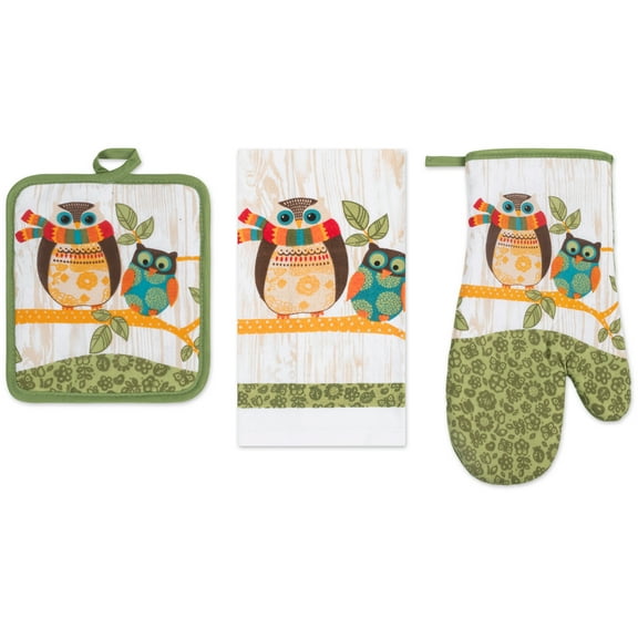 PREMIUS 3 Piece Printed Kitchen Linen Set, Owls, 1 Cotton Towel, 1 Pot Holder, 1 Oven Mitt