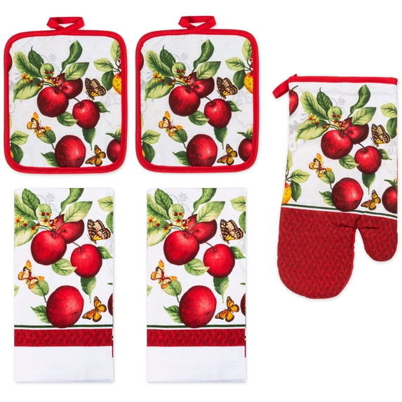 PREMIUS 5 Piece Printed Kitchen Linen Set, Apple Orchard, 2 Cotton Towels, 2 Pot Holders, 1 Oven Mitt