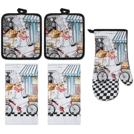 PREMIUS 5 Piece Printed Kitchen Linen Set, Baking Chef, 2 Cotton Towels, 2 Pot Holders, 1 Oven Mitt