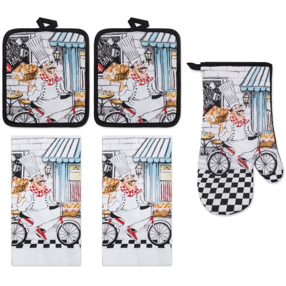 PREMIUS 5 Piece Printed Kitchen Linen Set, Baking Chef, 2 Cotton Towels, 2 Pot Holders, 1 Oven Mitt