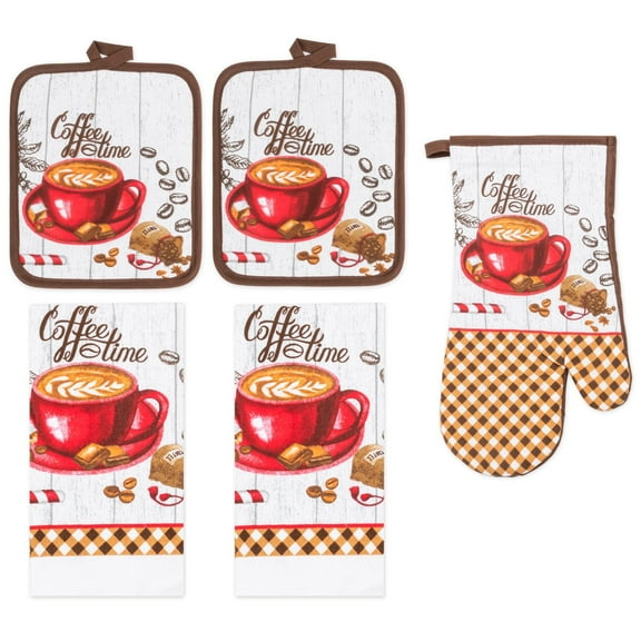 PREMIUS 5 Piece Printed Kitchen Linen Set, Coffee Time, 2 Cotton Towels, 2 Pot Holders, 1 Oven Mitt