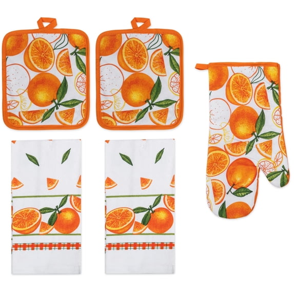 PREMIUS 5 Piece Printed Kitchen Linen Set, Orange, 2 Cotton Towels, 2 Pot Holders, 1 Oven Mitt