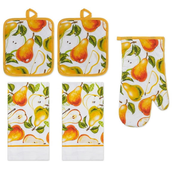 PREMIUS 5 Piece Printed Kitchen Linen Set, Pears, 2 Cotton Towels, 2 Pot Holders, 1 Oven Mitt