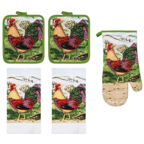 PREMIUS 5 Piece Printed Kitchen Linen Set, Rooster, 2 Cotton Towels, 2 Pot Holders, 1 Oven Mitt