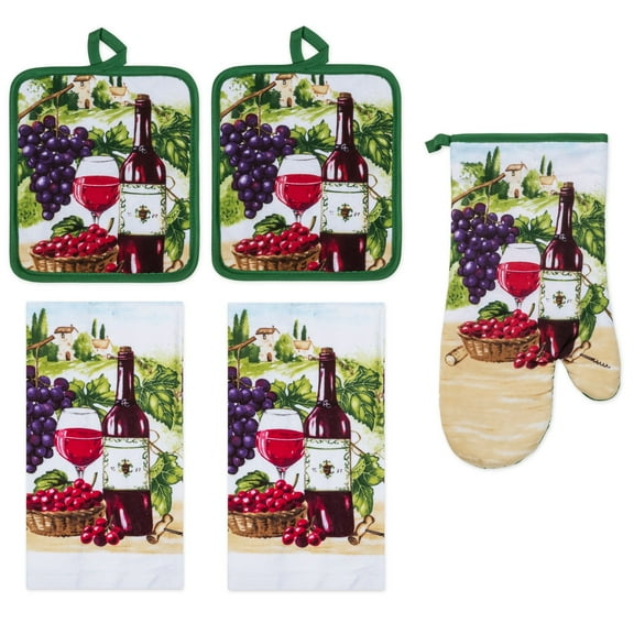 PREMIUS 5 Piece Printed Kitchen Linen Set, Wine, 2 Cotton Towels, 2 Pot Holders, 1 Oven Mitt