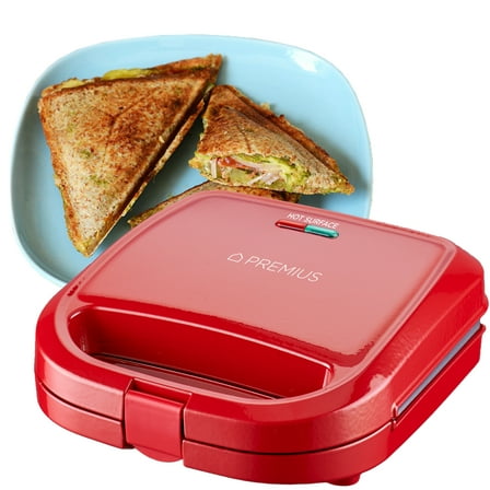 PREMIUS Ceramic Non-Stick Double Slice Sandwich Maker, Red, 8.25x4.75 Inch Mold