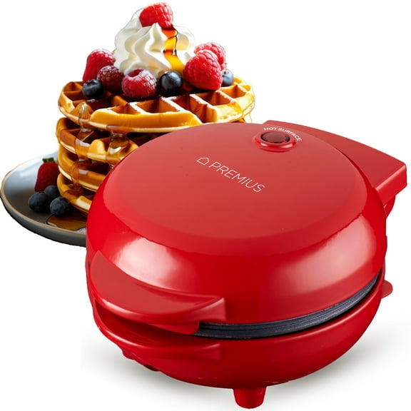 PREMIUS Ceramic Non-Stick Mini Snack Waffle Maker, Red, 4 Inch Mold