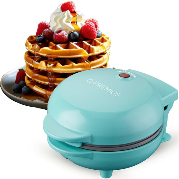 PREMIUS Ceramic Non-Stick Mini Snack Waffle Maker, Turquoise, 4 Inch Mold