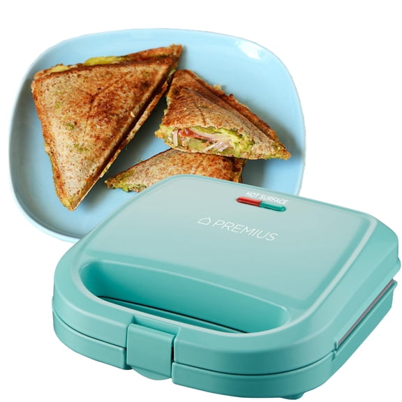 PREMIUS Ceramic NonStick Double Slice Sandwich Maker, Indicator Cool Touch Handle, Great for Grilled Cheese, French Toast, Tuna Melt, Egg & Cheese and Pancake Sandwich, Easy Clean (Turquoise) Y101