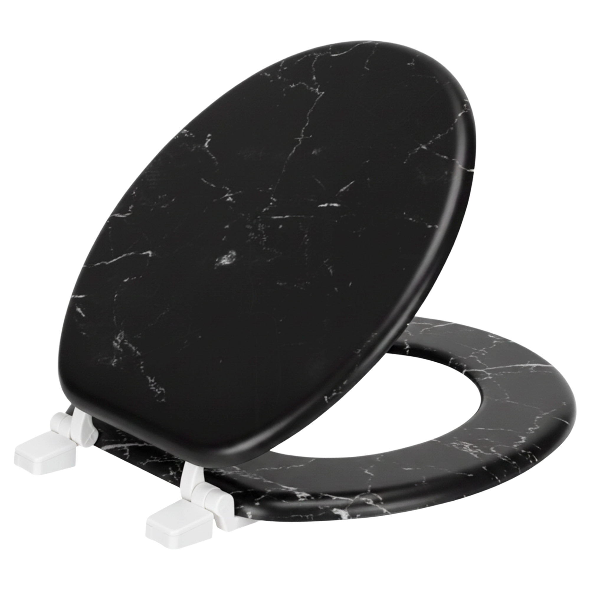 PREMIUS Printed MDF Wood Round Toilet Seat with Plastic Hinges, Black Marble, Standard 17 Inches