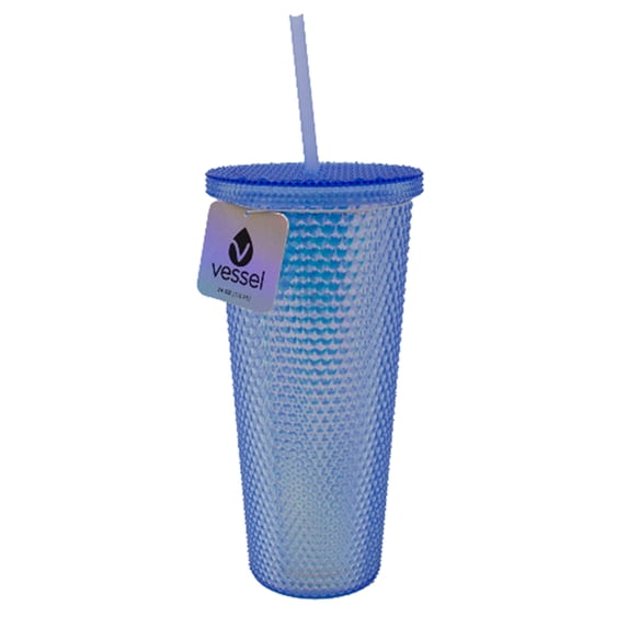 PREMIUS Studded Iridescent Tumbler With Lid and Straw, Frosted Blue, 24 Ounces