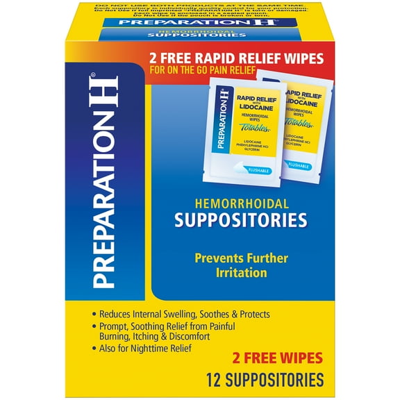 PREPARATION H Hemorrhoid Symptom Treatment Suppositories, Burning, Itching and Discomfort Relief (12 Count) with 2 Bonus Wipes