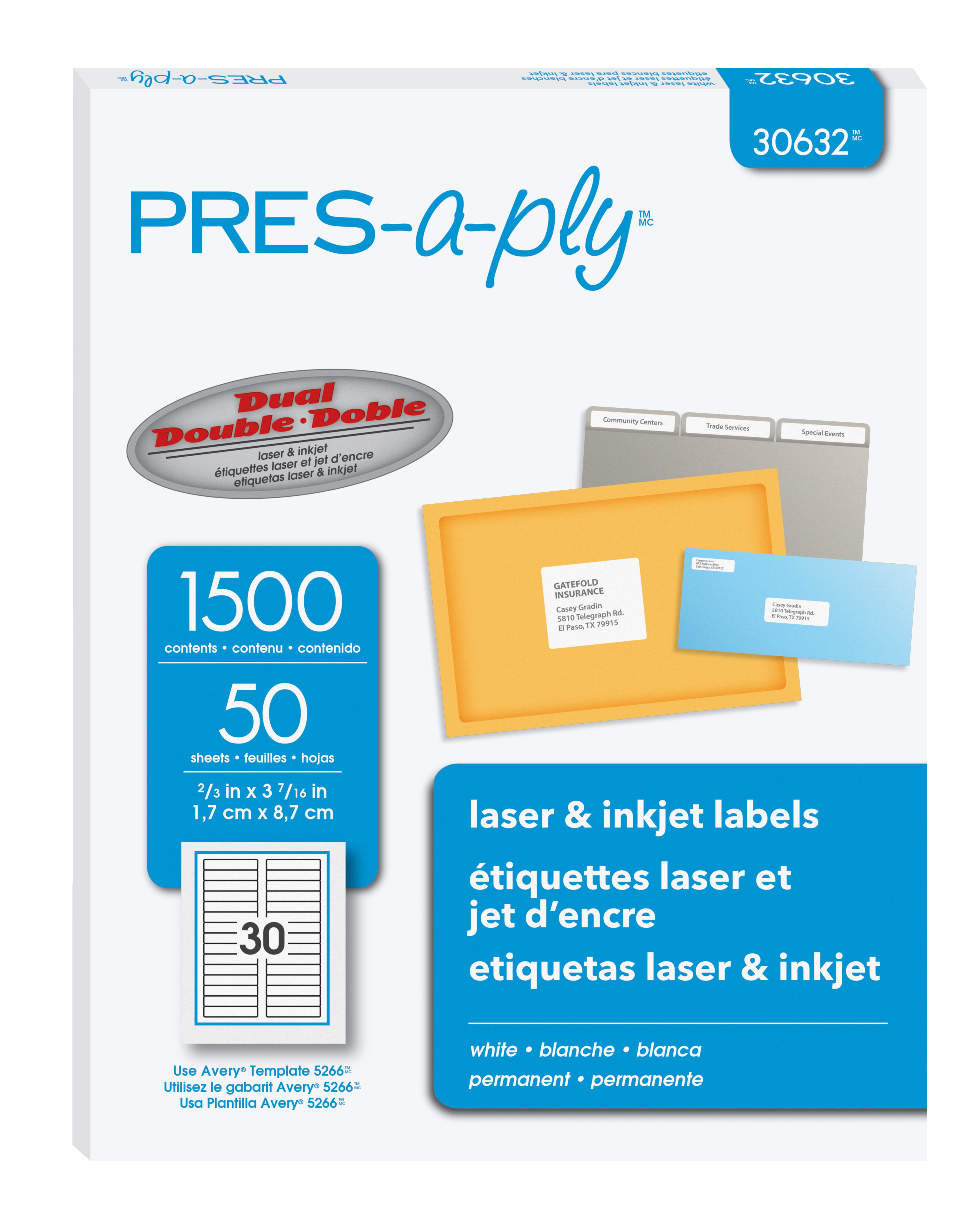 PRES-a-ply File Folder Labels, 2/3" x 3-7/16", Permanent-Adhesive, 30-up, 1500 labels