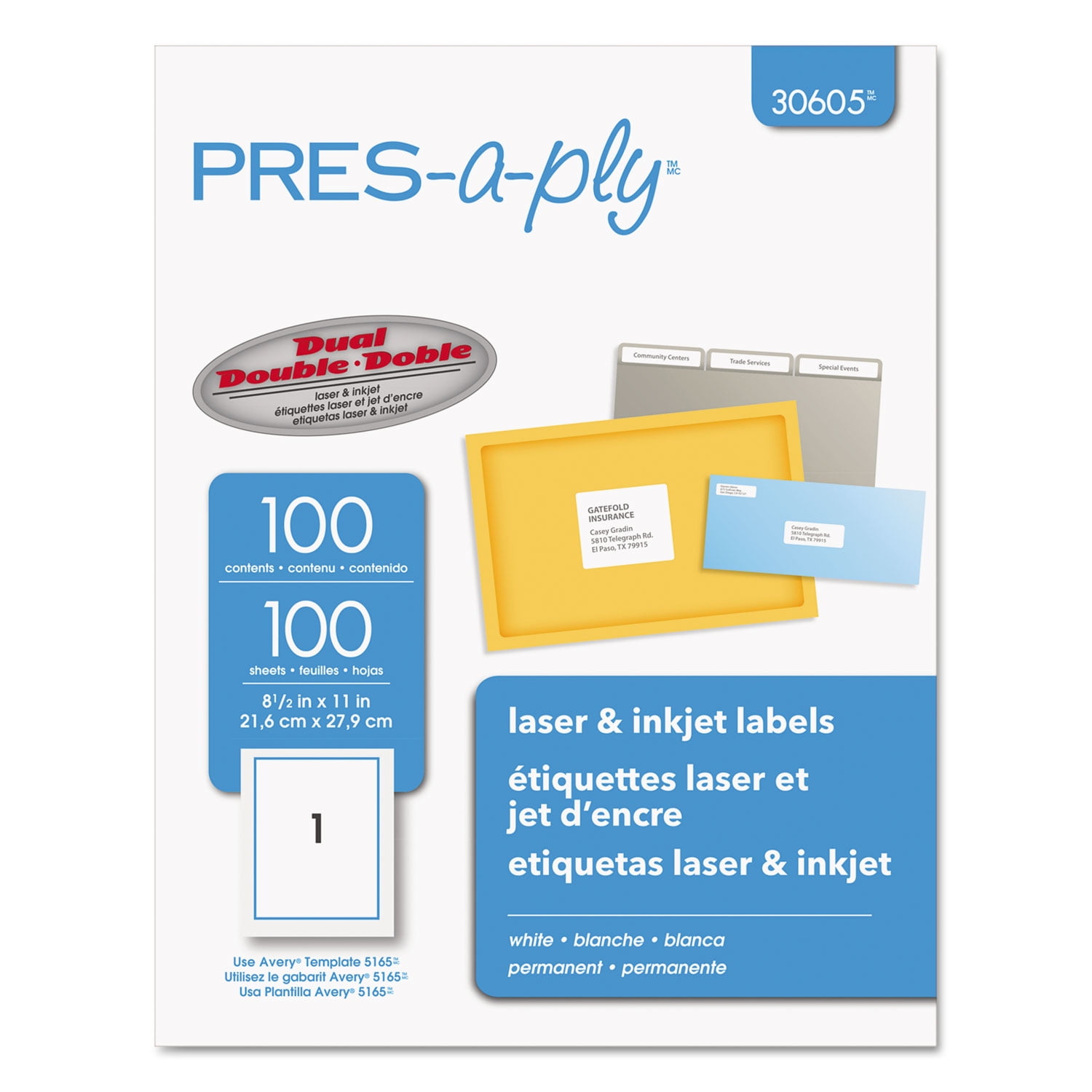 PRES-a-ply Labels, Laser Printers, 8.5 x 11, White, 100/Box (30605)