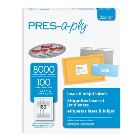 PRES-a-ply White Labels, 1/2" x 1-3/4", Permanent-Adhesive, 8000 labels