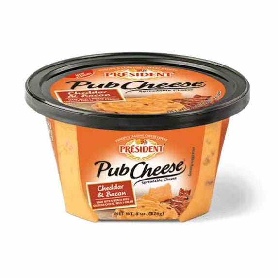 PRESIDENT - Pub Cheese Cheddar & Bacon Spreadable Cheese 8OZ ( Pack of 6)