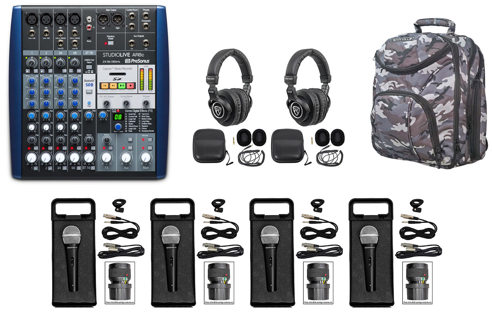 PRESONUS StudioLive AR8 8-Ch Live Sound/Studio Mixer+CAMOPACK+Headphones+Mics - image 1 of 11