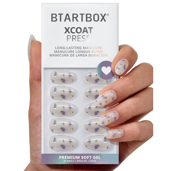 BTArtbox Press On Nails - Pathside Liac, Short Almond, Lamp-Curable, 4-Week Wear, Easy-to-Apply, 32 Count All-in-One Kit
