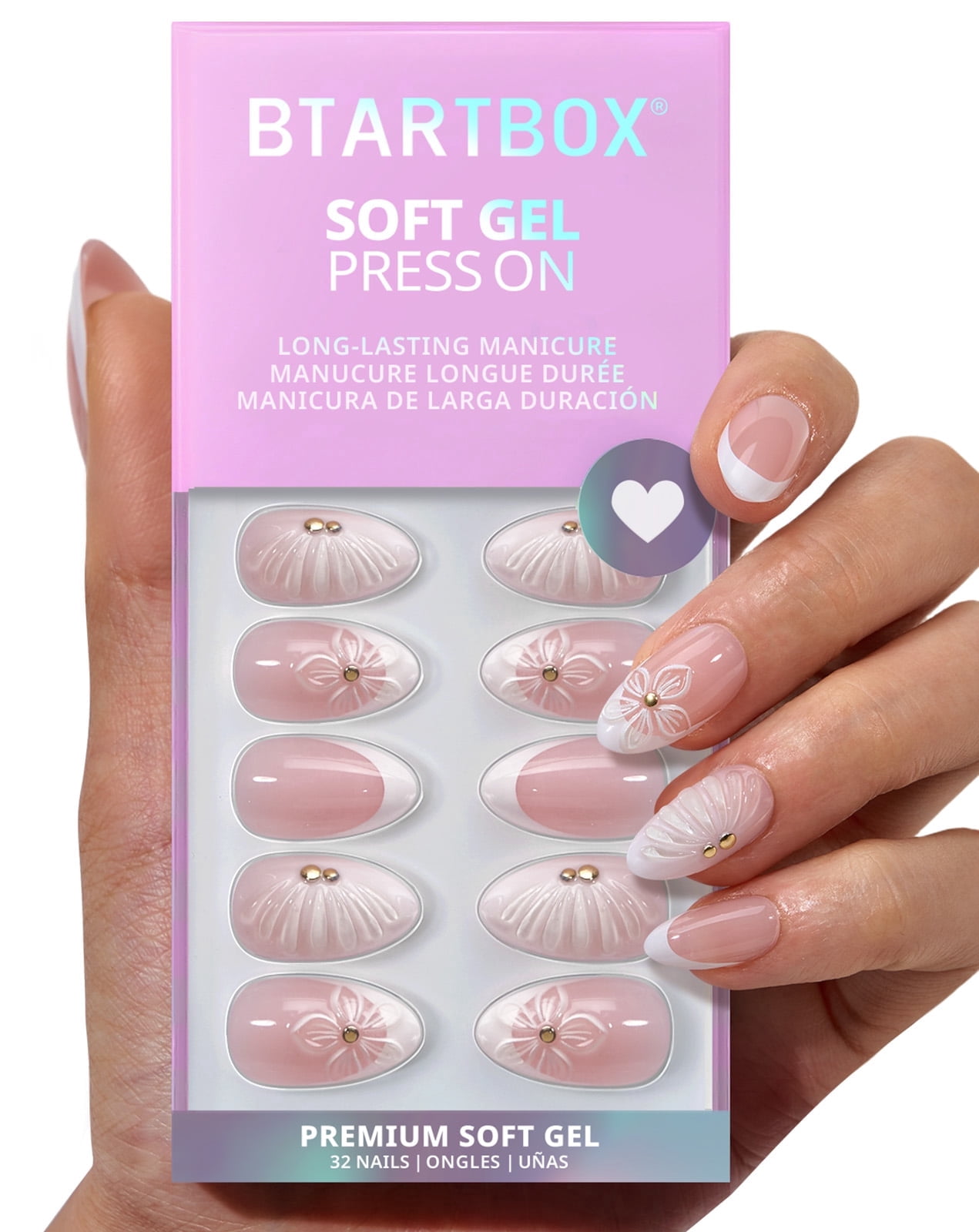 BTArtbox Press On Nails - Dew-Kissed Bud, Short Almond, 2-Week Wear, Easy-to-Apply, 32 Count All-in-One Kit