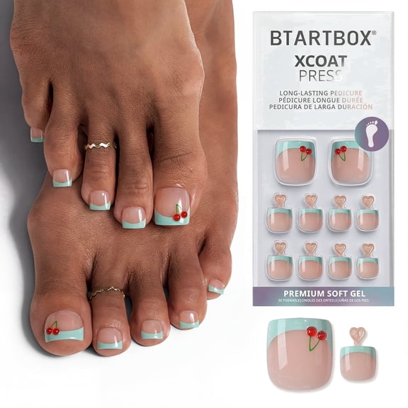 BTArtbox Press On Toenails - Berry Pail, Square, Lamp-Curable, 4-Week Wear, Easy-to-Apply, 30 Count All-in-One Kit