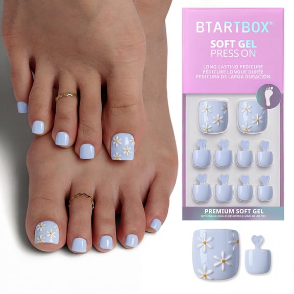 Btartbox Press On Toenails -Porch Sky, Square, 2-Week Wear, Easy-to-Apply, 30 Count All-in-One Kit