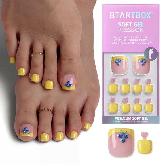 BTArtbox Press On Toenails - Blueberry Rain, Square, 2-Week Wear, Easy-to-Apply, 30 Count All-in-One Kit