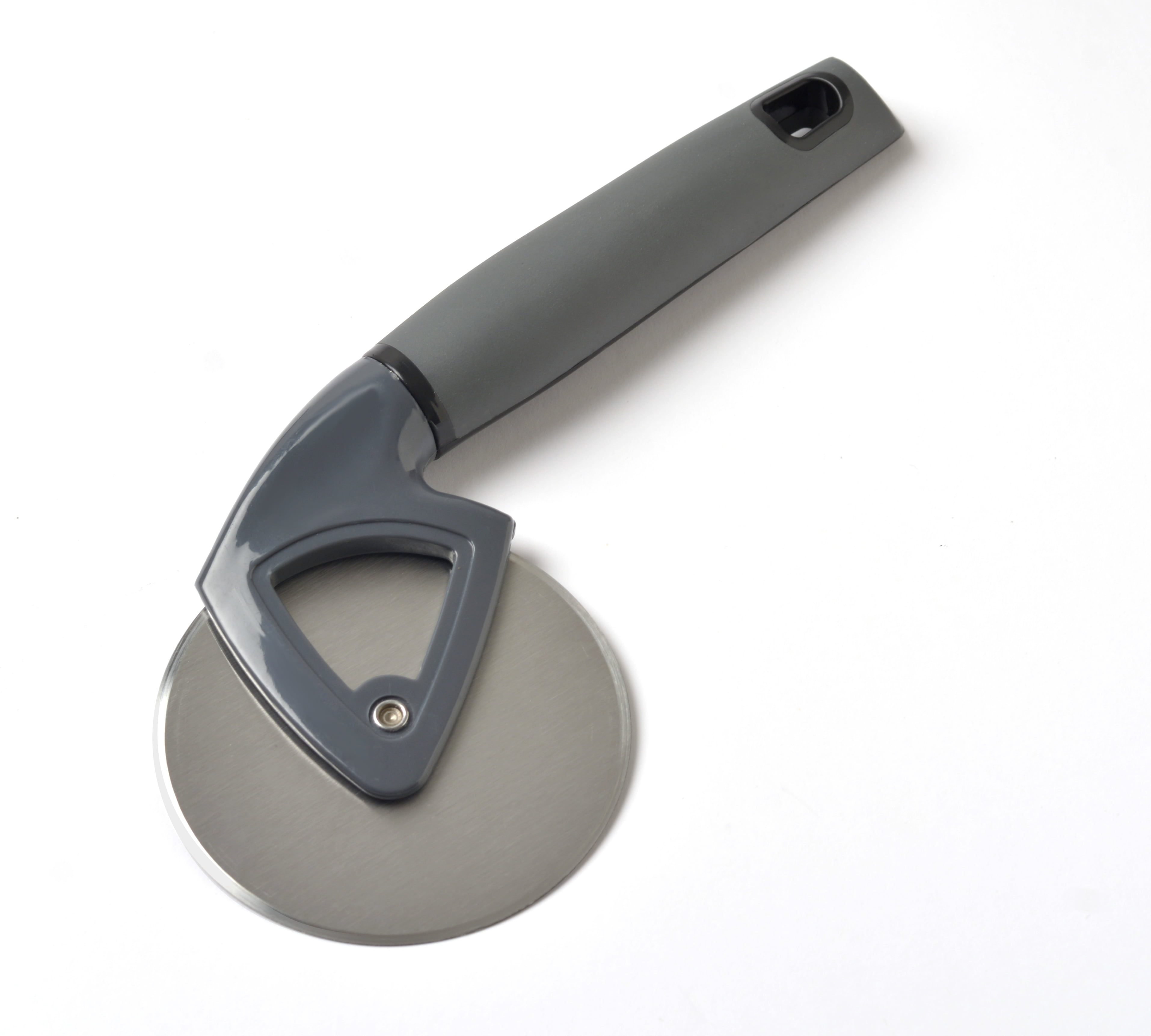 Gray Stainless Steel Pizza Wheel Cutter with Ergonomic Handle