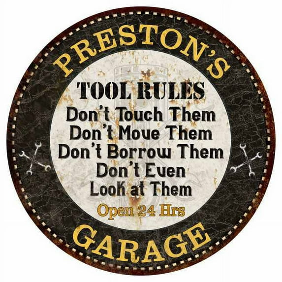 PRESTON'S Garage Rules 12" Round Metal Sign Garage Bar Wall Décor 200120013427
