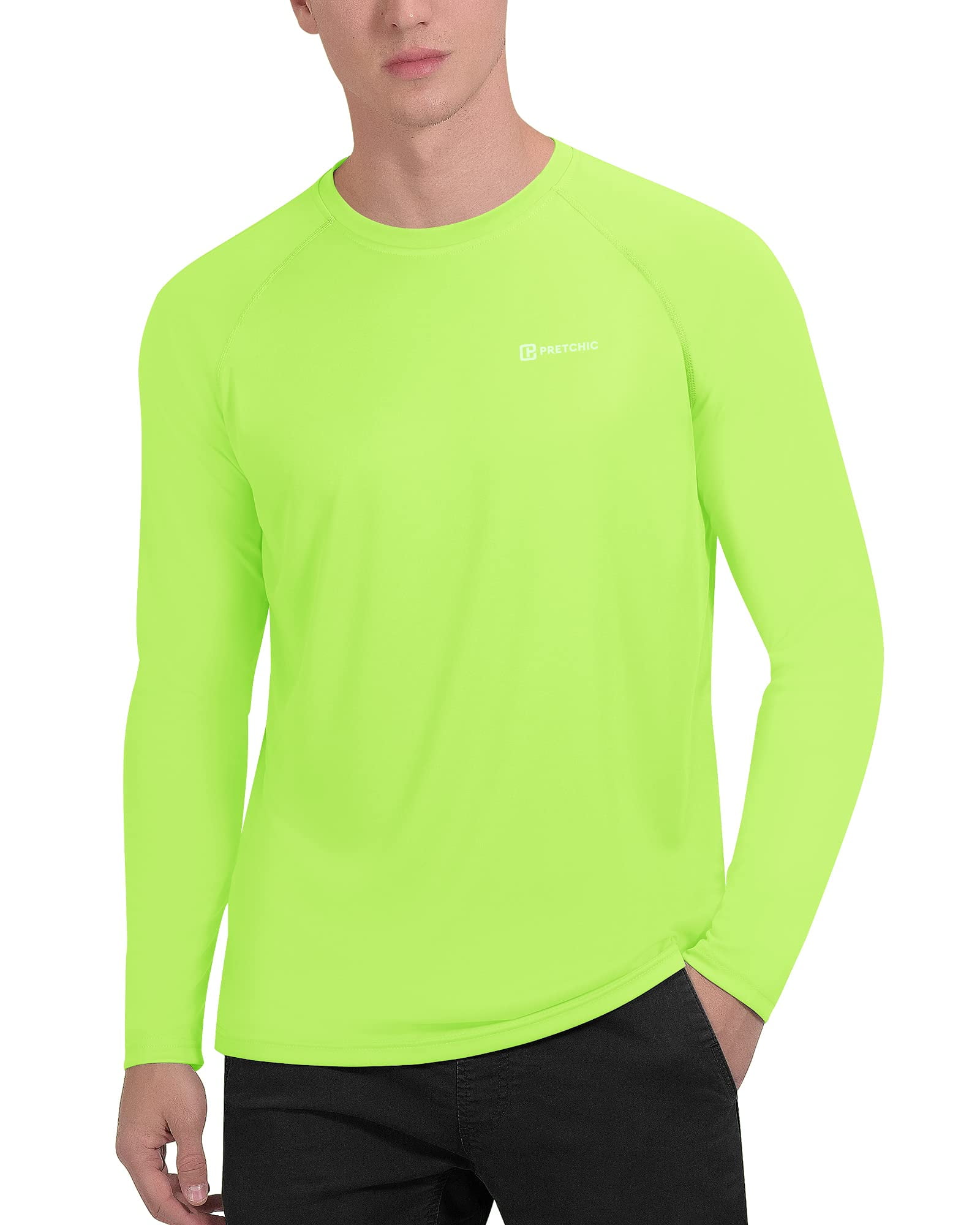 PRETCHIC Men s Workout Rash Guard Shirts UPF 50 Long Sleeve UV Sun Protection Outdoor Fishing Swim Running T Shirt Green L