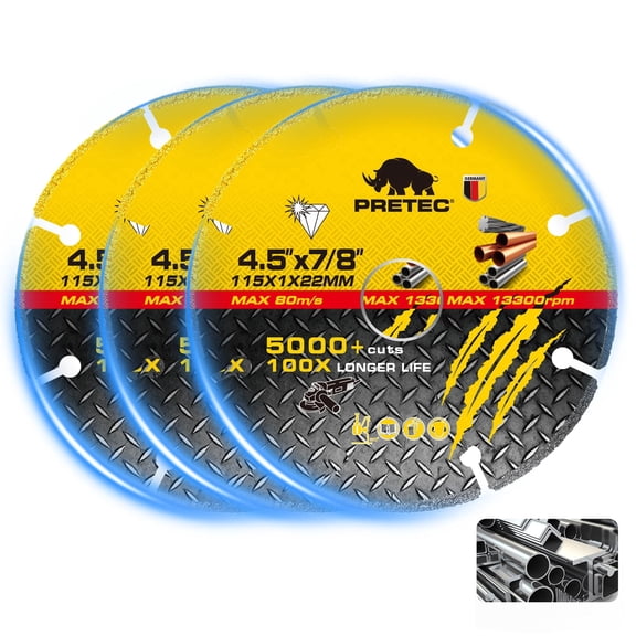 PRETEC Diamond Cutting Wheel, 4 1/2 Inch Cut Off Wheel with 7/8" Arbor Hole for Angle Grinder, Carbide 5000+ Cuts on Rebar, Metal Cutting Disc for Steel, Iron & INOX3 Pcs