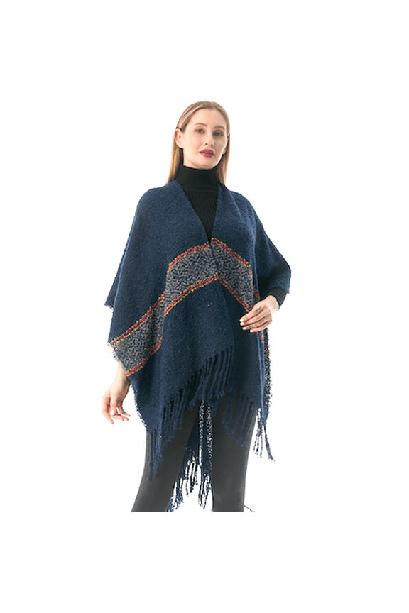 , Cordova Ruana Navy sleeveless outer garment hangs loosely over the shoulders
