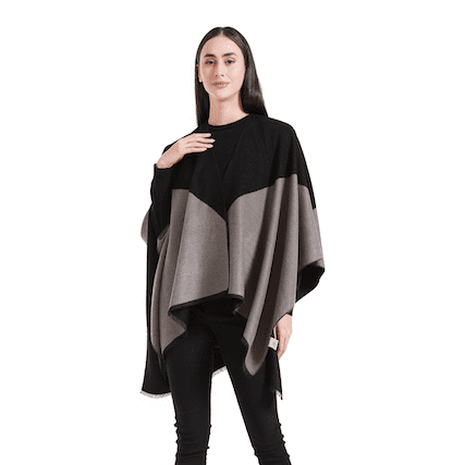 PRETTY PERSUASIONS, Minuet Cape Black/Charcoal sleeveless outer garment hangs loosely over the shoulders