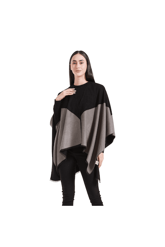 , Minuet Cape Black/Charcoal sleeveless outer garment hangs loosely over the shoulders