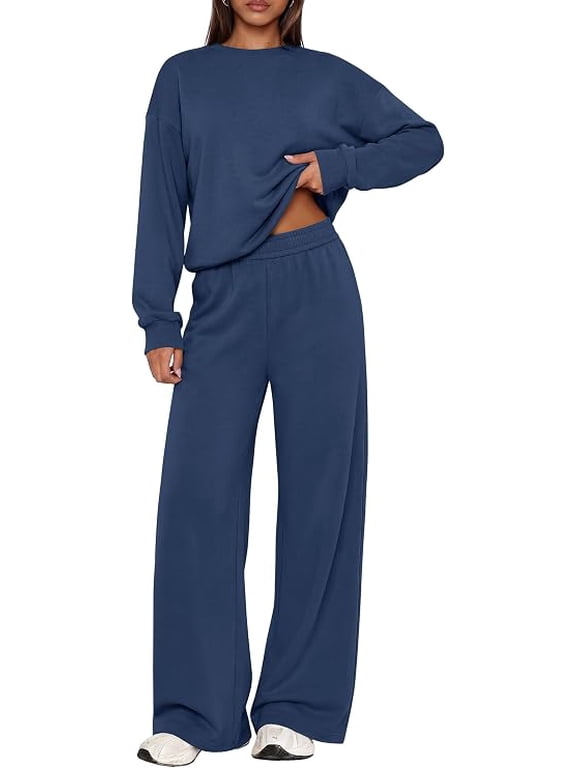 2 Piece Lounge Sets for Women Casual Sweatsuits Soft Fleece Lining,Crew Neck Oversized Sweatshirt & Wide Leg Pants,Workout Airport Matching Set Tracksuit,Fall Winter Outfits