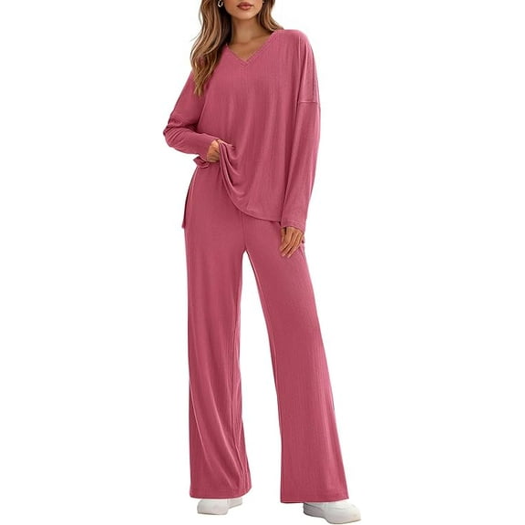 PRETTYGARDEN 2 Piece Lounge Sets for Women Fall Outfits Casual Knit V Neck Long Sleeve Tops Wide Leg Pants Matching Set