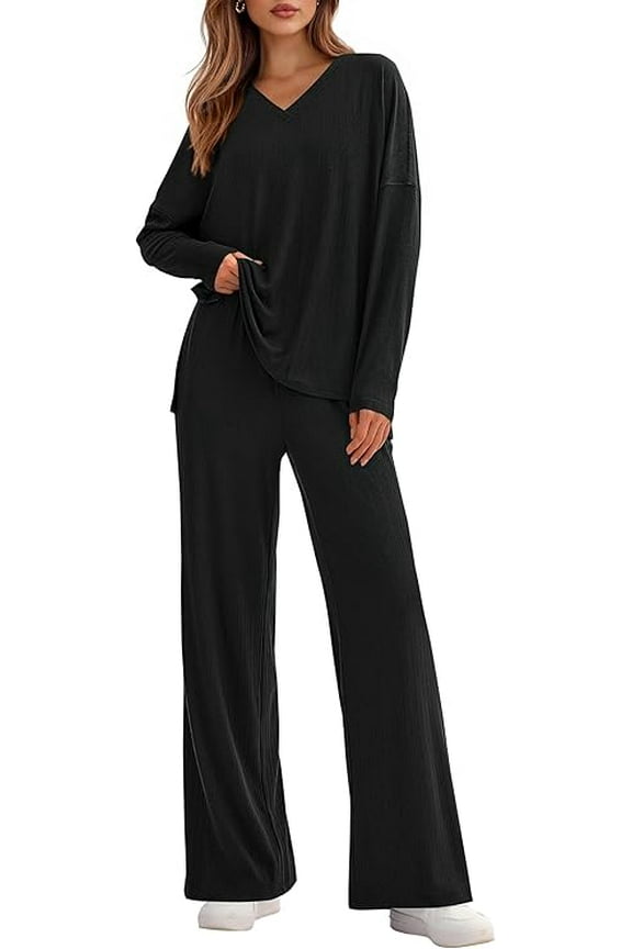 2 Piece Lounge Sets for Women Fall Outfits Casual Knit V Neck Long Sleeve Tops Wide Leg Pants Matching Set