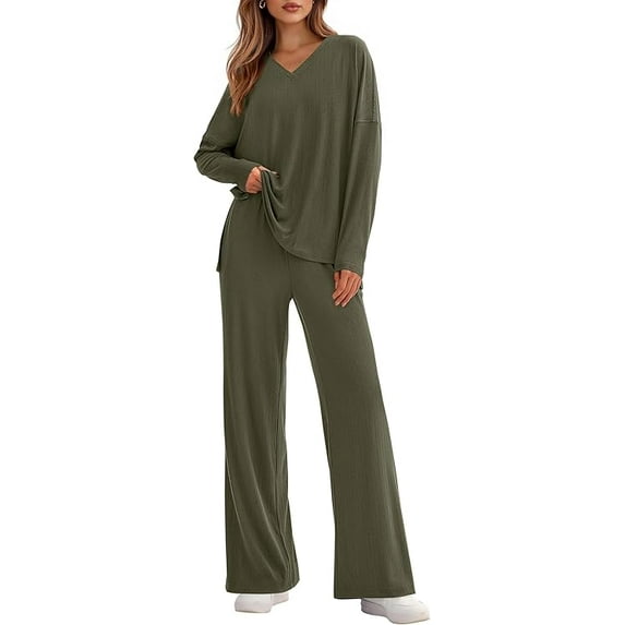PRETTYGARDEN 2 Piece Lounge Sets for Women Fall Outfits Casual Knit V Neck Long Sleeve Tops Wide Leg Pants Matching Set