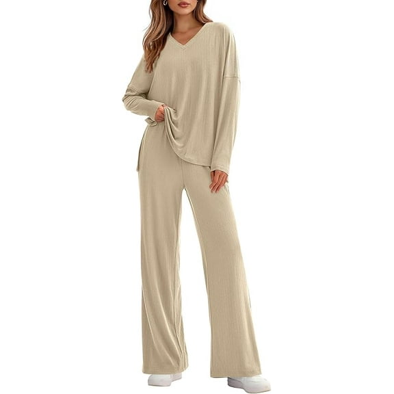 PRETTYGARDEN 2 Piece Lounge Sets for Women Fall Outfits Casual Knit V Neck Long Sleeve Tops Wide Leg Pants Matching Set