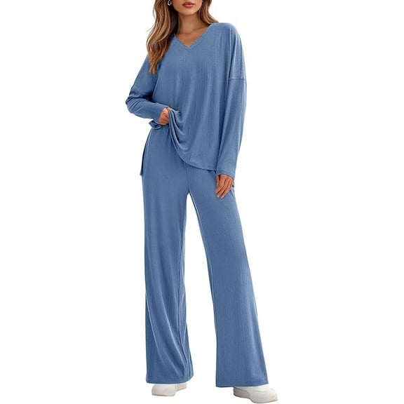 PRETTYGARDEN 2 Piece Lounge Sets for Women Fall Outfits Casual Knit V Neck Long Sleeve Tops Wide Leg Pants Matching Set